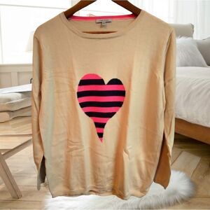 LISA TODD CASHMERE BLEND STRIPED HEART BARBIE PINK + TAN KNIT SWEATER OVERSIZED